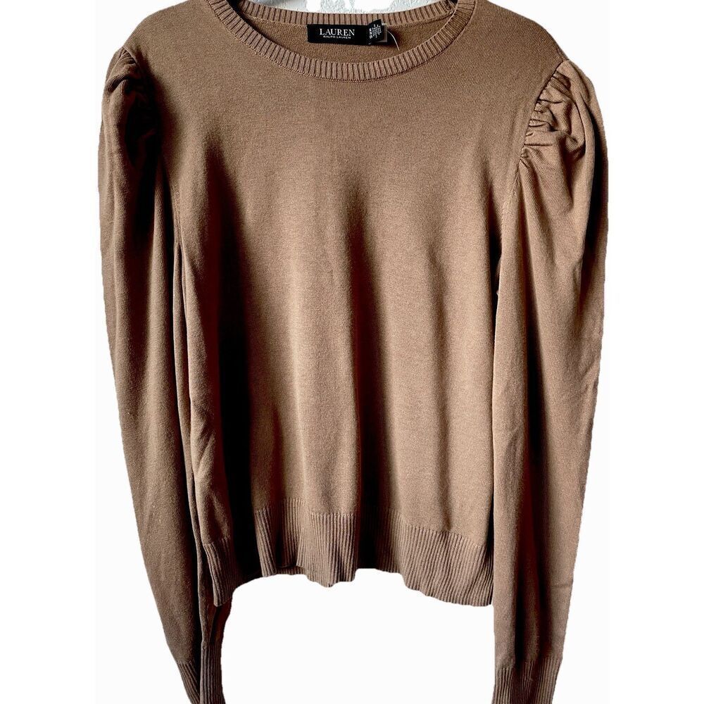 Lauren Ralph Lauren Cotton-Blend Puff-Sleeve Sweater Size Large in Tan